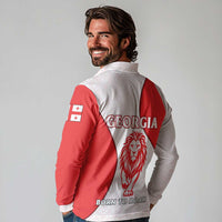 Georgia Flag Long Sleeve Polo Shirt with Born to Roar with Red Lion and National Symbols - Wonder Print Shop