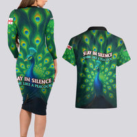 Georgia Peacock Couples Matching Long Sleeve Bodycon Dress and Hawaiian Shirt with Slay in Silence Shine Like a Peacock Design - Wonder Print Shop