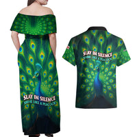 Georgia Peacock Couples Matching Off Shoulder Maxi Dress and Hawaiian Shirt with Slay in Silence Shine Like a Peacock Design - Wonder Print Shop