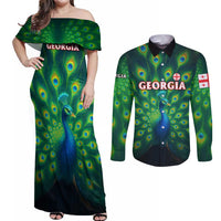 Georgia Peacock Couples Matching Off Shoulder Maxi Dress and Long Sleeve Button Shirt with Slay in Silence Shine Like a Peacock Design - Wonder Print Shop