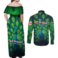 Georgia Peacock Couples Matching Off Shoulder Maxi Dress and Long Sleeve Button Shirt with Slay in Silence Shine Like a Peacock Design - Wonder Print Shop
