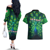Georgia Peacock Couples Matching Off The Shoulder Long Sleeve Dress and Hawaiian Shirt with Slay in Silence Shine Like a Peacock Design - Wonder Print Shop