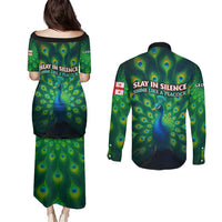 Georgia Peacock Couples Matching Puletasi and Long Sleeve Button Shirt with Slay in Silence Shine Like a Peacock Design - Wonder Print Shop