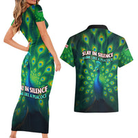 Georgia Peacock Couples Matching Short Sleeve Bodycon Dress and Hawaiian Shirt with Slay in Silence Shine Like a Peacock Design - Wonder Print Shop
