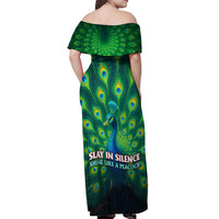 Georgia Peacock Off Shoulder Maxi Dress with Slay in Silence Shine Like a Peacock Design - Wonder Print Shop