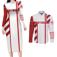 Georgia Couples Matching Long Sleeve Bodycon Dress and Long Sleeve Button Shirt with Red Cross and Golden Lions Emblem Never Bows Design - Wonder Print Shop