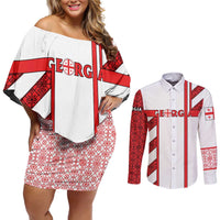 Georgia Couples Matching Off Shoulder Short Dress and Long Sleeve Button Shirt with Red Cross and Golden Lions Emblem Never Bows Design - Wonder Print Shop