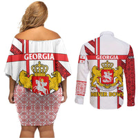 Georgia Couples Matching Off Shoulder Short Dress and Long Sleeve Button Shirt with Red Cross and Golden Lions Emblem Never Bows Design - Wonder Print Shop