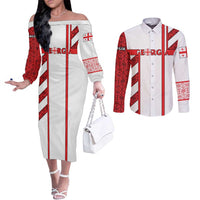 Georgia Couples Matching Off The Shoulder Long Sleeve Dress and Long Sleeve Button Shirt with Red Cross and Golden Lions Emblem Never Bows Design - Wonder Print Shop