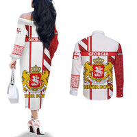 Georgia Couples Matching Off The Shoulder Long Sleeve Dress and Long Sleeve Button Shirt with Red Cross and Golden Lions Emblem Never Bows Design - Wonder Print Shop