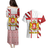 Georgia Couples Matching Puletasi and Hawaiian Shirt with Red Cross and Golden Lions Emblem Never Bows Design - Wonder Print Shop