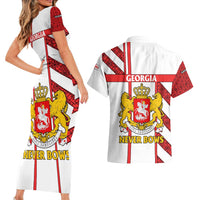 Georgia Couples Matching Short Sleeve Bodycon Dress and Hawaiian Shirt with Red Cross and Golden Lions Emblem Never Bows Design - Wonder Print Shop
