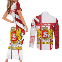 Georgia Couples Matching Short Sleeve Bodycon Dress and Long Sleeve Button Shirt with Red Cross and Golden Lions Emblem Never Bows Design - Wonder Print Shop