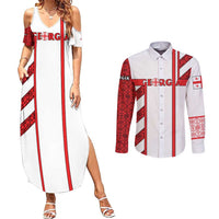Georgia Couples Matching Summer Maxi Dress and Long Sleeve Button Shirt with Red Cross and Golden Lions Emblem Never Bows Design - Wonder Print Shop