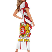 Georgia Short Sleeve Bodycon Dress with Red Cross and Golden Lions Emblem Never Bows Design - Wonder Print Shop