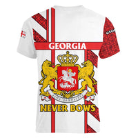 Georgia Women V-Neck T-Shirt with Red Cross and Golden Lions Emblem Never Bows Design - Wonder Print Shop