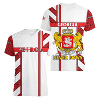 Georgia Women V-Neck T-Shirt with Red Cross and Golden Lions Emblem Never Bows Design - Wonder Print Shop