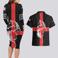 Georgia Couples Matching Long Sleeve Bodycon Dress and Hawaiian Shirt with Black Patterned Red Cross with Dragon Horse Symbol and Silent Pride Quote Design - Wonder Print Shop