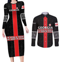Georgia Couples Matching Long Sleeve Bodycon Dress and Long Sleeve Button Shirt with Black Patterned Red Cross with Dragon Horse Symbol and Silent Pride Quote Design - Wonder Print Shop