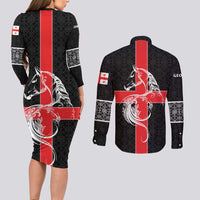 Georgia Couples Matching Long Sleeve Bodycon Dress and Long Sleeve Button Shirt with Black Patterned Red Cross with Dragon Horse Symbol and Silent Pride Quote Design - Wonder Print Shop