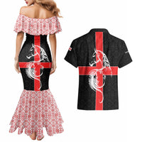 Georgia Couples Matching Mermaid Dress and Hawaiian Shirt with Black Patterned Red Cross with Dragon Horse Symbol and Silent Pride Quote Design - Wonder Print Shop