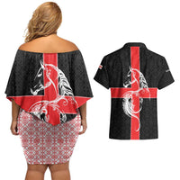 Georgia Couples Matching Off Shoulder Short Dress and Hawaiian Shirt with Black Patterned Red Cross with Dragon Horse Symbol and Silent Pride Quote Design - Wonder Print Shop