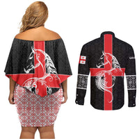 Georgia Couples Matching Off Shoulder Short Dress and Long Sleeve Button Shirt with Black Patterned Red Cross with Dragon Horse Symbol and Silent Pride Quote Design - Wonder Print Shop