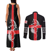 Georgia Couples Matching Tank Maxi Dress and Long Sleeve Button Shirt with Black Patterned Red Cross with Dragon Horse Symbol and Silent Pride Quote Design - Wonder Print Shop