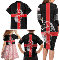 Georgia Family Matching Long Sleeve Bodycon Dress and Hawaiian Shirt with Black Patterned Red Cross with Dragon Horse Symbol and Silent Pride Quote Design - Wonder Print Shop