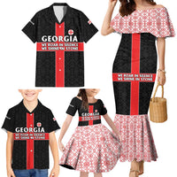 Georgia Family Matching Mermaid Dress and Hawaiian Shirt with Black Patterned Red Cross with Dragon Horse Symbol and Silent Pride Quote Design - Wonder Print Shop