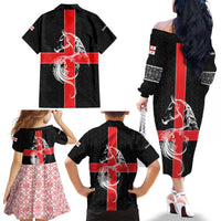 Georgia Family Matching Off The Shoulder Long Sleeve Dress and Hawaiian Shirt with Black Patterned Red Cross with Dragon Horse Symbol and Silent Pride Quote Design - Wonder Print Shop