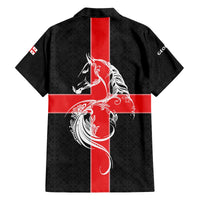 Georgia Family Matching Off The Shoulder Long Sleeve Dress and Hawaiian Shirt with Black Patterned Red Cross with Dragon Horse Symbol and Silent Pride Quote Design - Wonder Print Shop