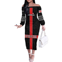 Georgia Family Matching Off The Shoulder Long Sleeve Dress and Hawaiian Shirt with Black Patterned Red Cross with Dragon Horse Symbol and Silent Pride Quote Design - Wonder Print Shop