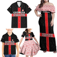 Georgia Family Matching Off Shoulder Maxi Dress and Hawaiian Shirt with Black Patterned Red Cross with Dragon Horse Symbol and Silent Pride Quote Design - Wonder Print Shop