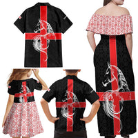 Georgia Family Matching Off Shoulder Maxi Dress and Hawaiian Shirt with Black Patterned Red Cross with Dragon Horse Symbol and Silent Pride Quote Design - Wonder Print Shop
