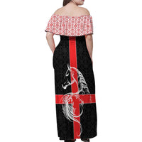 Georgia Family Matching Off Shoulder Maxi Dress and Hawaiian Shirt with Black Patterned Red Cross with Dragon Horse Symbol and Silent Pride Quote Design - Wonder Print Shop