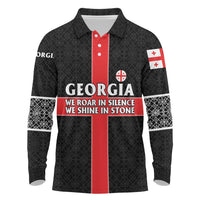 Georgia Long Sleeve Polo Shirt with Black Patterned Red Cross with Dragon Horse Symbol and Silent Pride Quote Design - Wonder Print Shop