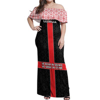 Georgia Off Shoulder Maxi Dress with Black Patterned Red Cross with Dragon Horse Symbol and Silent Pride Quote Design - Wonder Print Shop