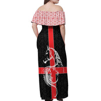 Georgia Off Shoulder Maxi Dress with Black Patterned Red Cross with Dragon Horse Symbol and Silent Pride Quote Design - Wonder Print Shop