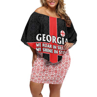 Georgia Off Shoulder Short Dress with Black Patterned Red Cross with Dragon Horse Symbol and Silent Pride Quote Design - Wonder Print Shop