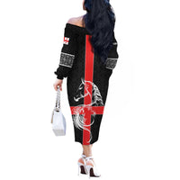 Georgia Off The Shoulder Long Sleeve Dress with Black Patterned Red Cross with Dragon Horse Symbol and Silent Pride Quote Design - Wonder Print Shop