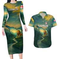 Georgia Couples Matching Long Sleeve Bodycon Dress and Hawaiian Shirt with Green Mountain Landscape with Map Outline Lion and Legends Rise Quote Design - Wonder Print Shop