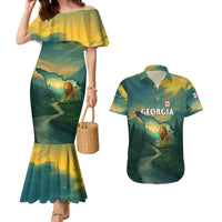 Georgia Couples Matching Mermaid Dress and Hawaiian Shirt with Green Mountain Landscape with Map Outline Lion and Legends Rise Quote Design - Wonder Print Shop