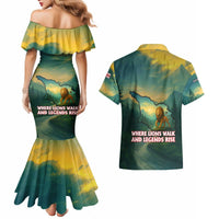 Georgia Couples Matching Mermaid Dress and Hawaiian Shirt with Green Mountain Landscape with Map Outline Lion and Legends Rise Quote Design - Wonder Print Shop