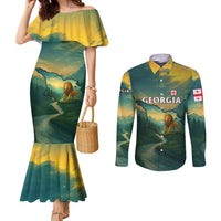 Georgia Couples Matching Mermaid Dress and Long Sleeve Button Shirt with Green Mountain Landscape with Map Outline Lion and Legends Rise Quote Design - Wonder Print Shop