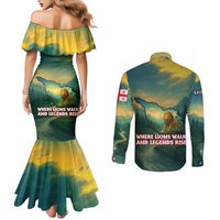 Georgia Couples Matching Mermaid Dress and Long Sleeve Button Shirt with Green Mountain Landscape with Map Outline Lion and Legends Rise Quote Design - Wonder Print Shop