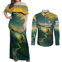 Georgia Couples Matching Off Shoulder Maxi Dress and Long Sleeve Button Shirt with Green Mountain Landscape with Map Outline Lion and Legends Rise Quote Design - Wonder Print Shop