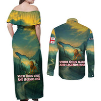Georgia Couples Matching Off Shoulder Maxi Dress and Long Sleeve Button Shirt with Green Mountain Landscape with Map Outline Lion and Legends Rise Quote Design - Wonder Print Shop
