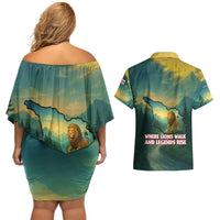 Georgia Couples Matching Off Shoulder Short Dress and Hawaiian Shirt with Green Mountain Landscape with Map Outline Lion and Legends Rise Quote Design - Wonder Print Shop