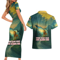 Georgia Couples Matching Short Sleeve Bodycon Dress and Hawaiian Shirt with Green Mountain Landscape with Map Outline Lion and Legends Rise Quote Design - Wonder Print Shop